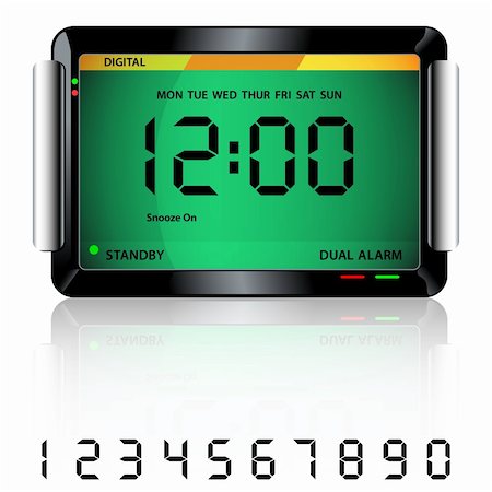 Digital alarm clock isolated on white with reflection and spare digital numbers. Stock Photo - Budget Royalty-Free & Subscription, Code: 400-05252441