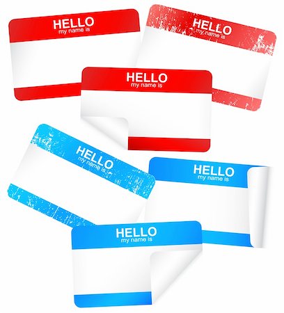 Vector illustration set of different blank "Hello my name is" stickers with peeled corners or weathered/bleached effect. All vector objects are isolated and grouped. Badges have a transparent background. Colors are easy to adjust/customize. Fotografie stock - Microstock e Abbonamento, Codice: 400-05253176