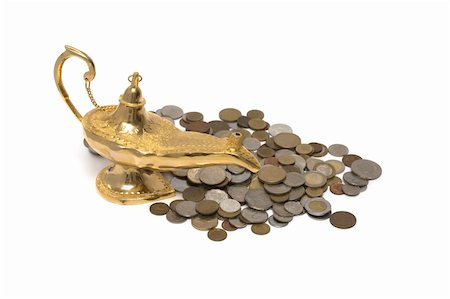 An arabic magic lamp, isolated on white, with loads of coins from around the world. Stock Photo - Budget Royalty-Free & Subscription, Code: 400-05264829