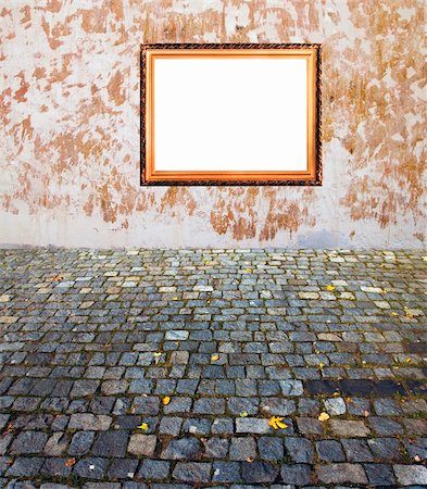 decaying fruit photography - old russian style vintage golden frame on old time grunge background wall old stone blocks and maple leaves strong concept dissonance of elegant and brutal old things Stock Photo - Budget Royalty-Free & Subscription, Code: 400-05265790