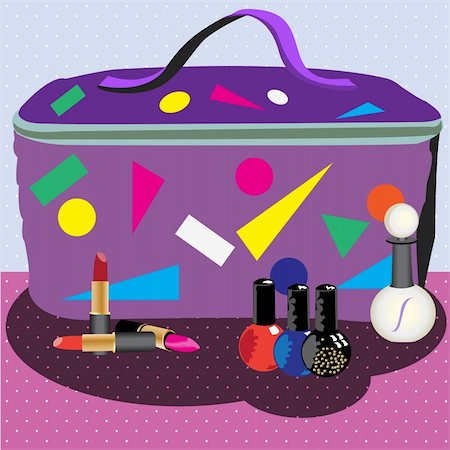 stiven (artist) - Vector illustration of a cosmetic bag in front of lipsticks, nail polishes and a parfume Fotografie stock - Microstock e Abbonamento, Codice: 400-05265874