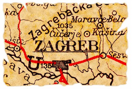 pontuse (artist) - Zagreb, Croatia on an old torn map from 1949, isolated. Part of the old map series. Stockbilder - Microstock & Abonnement, Bildnummer: 400-05268653