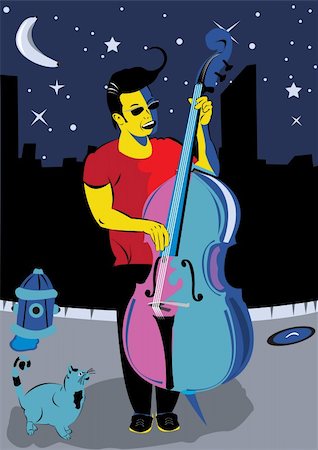 Vector illustration of a man playing the double bass, and singing on the street, and a cat looking at him Stock Photo - Budget Royalty-Free & Subscription, Code: 400-05268810
