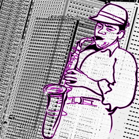 saxophone on building - Vector illustration of a saxophonist on a city buildings background Stock Photo - Budget Royalty-Free & Subscription, Code: 400-05268958