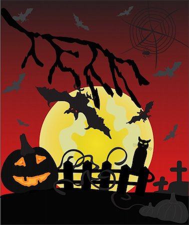 simsearch:400-04647487,k - Dark Halloween card with bat, cat and pumpkin Fotografie stock - Microstock e Abbonamento, Codice: 400-05269065