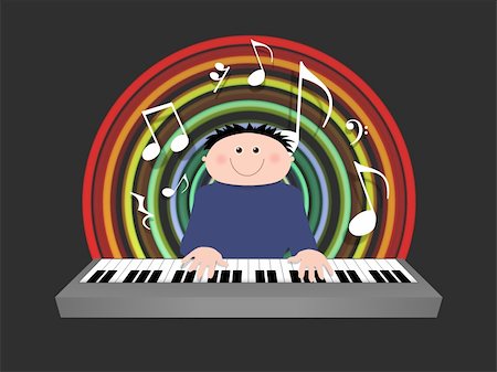 synthesizer - Illustrated cartoon character playing a keyboard with musical symbols Stock Photo - Budget Royalty-Free & Subscription, Code: 400-05261375