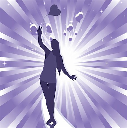 reaching the stars - Vector silhouette of a happy girl with hearts Stock Photo - Budget Royalty-Free & Subscription, Code: 400-05263438