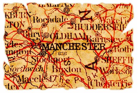 pontuse (artist) - Manchester, United Kingdom on an old torn map from 1949, isolated. Part of the old map series. Stockbilder - Microstock & Abonnement, Bildnummer: 400-05263714
