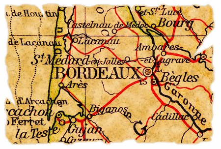 pontuse (artist) - Bordeaux, France on an old torn map from 1949, isolated. Part of the old map series. Stockbilder - Microstock & Abonnement, Bildnummer: 400-05263713