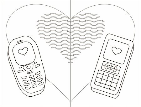 Enamored mobile phones with hearts, monochrome contours Stock Photo - Budget Royalty-Free & Subscription, Code: 400-05275274