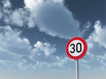 roadsign speed limit thirty under cloudy blue sky - 3d illustration Photographie de stock - Aubaine LD & Abonnement, Code: 400-05275814