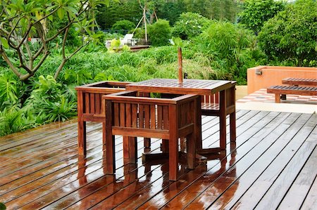 deck lake nobody - Chairs and table on wooden balcony in a green plant garden. Stock Photo - Budget Royalty-Free & Subscription, Code: 400-05276160