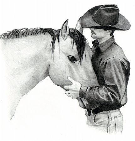 My pencil drawing of a cowboy/horse trainer holding the head of a horse he has been working with. Stock Photo - Budget Royalty-Free & Subscription, Code: 400-05276589