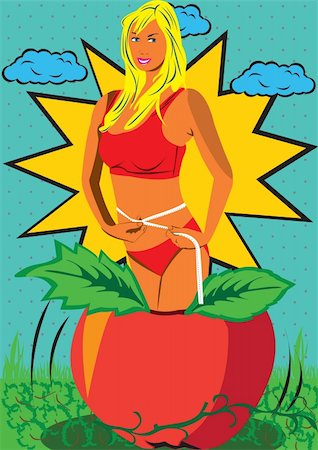 simsearch:400-05686620,k - Comic vector illustration of a young woman coming from an apple and measuring her waist. Stock Photo - Budget Royalty-Free & Subscription, Code: 400-05277519