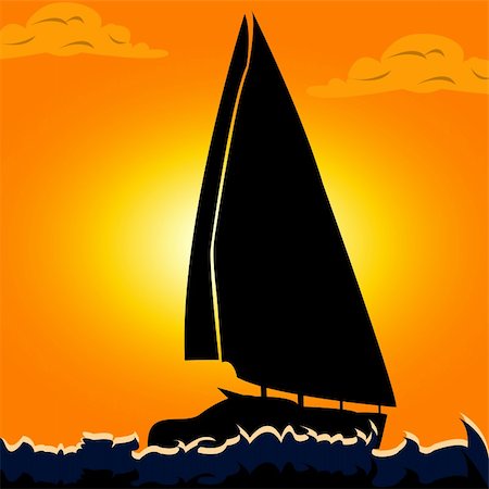 sailboat racing - Vector illustration of a silhouette of a sailboat on the open sea Stock Photo - Budget Royalty-Free & Subscription, Code: 400-05277524