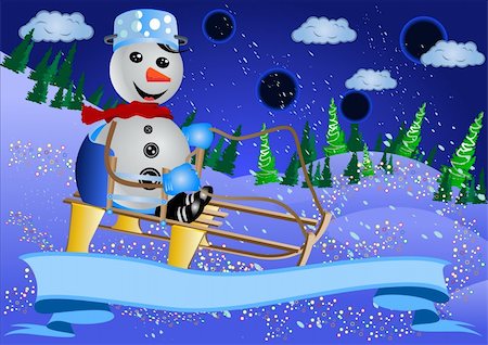 simsearch:400-03947703,k - Vector illustration of a smiling snowman sledging, with a decoration banner. Fotografie stock - Microstock e Abbonamento, Codice: 400-05277529