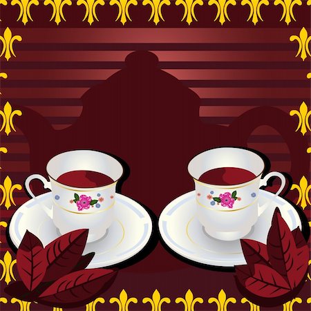 Vector illustration of two cups of tea with leafs and with a pot in background of the image Stock Photo - Budget Royalty-Free & Subscription, Code: 400-05277536