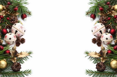 Christmas frame with jingle bells and other Christmas ornaments and decorations isolated on white. Shallow dof Stock Photo - Budget Royalty-Free & Subscription, Code: 400-05277597
