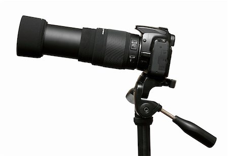 simsearch:400-05179794,k - DSLR camera with telephoto zoom lens on tripod isolated on white Stock Photo - Budget Royalty-Free & Subscription, Code: 400-05278348