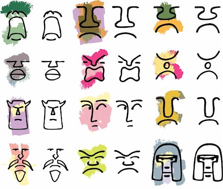 Twelve hand-drawn tribal mask icons with various emotions in color or black only. Stock Photo - Budget Royalty-Free & Subscription, Code: 400-05279324