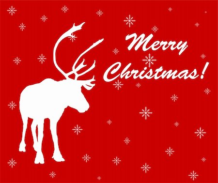 rudolf - Raster caribou reindeer white silhouette with stars on red background and Merry Christmas wishes. Fotografie stock - Microstock e Abbonamento, Codice: 400-05270304