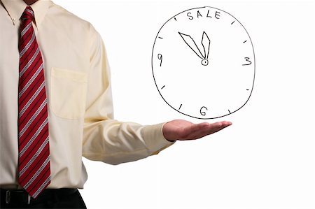 Man in a shirt and a tie showing a sale clock. Add your text to the clock. Stock Photo - Budget Royalty-Free & Subscription, Code: 400-05271670