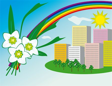 The sun and a rainbow over the city. Vector illustration. Vector art in Adobe illustrator EPS format, compressed in a zip file. The different graphics are all on separate layers so they can easily be moved or edited individually. The document can be scaled to any size without loss of quality. Stock Photo - Budget Royalty-Free & Subscription, Code: 400-05272929