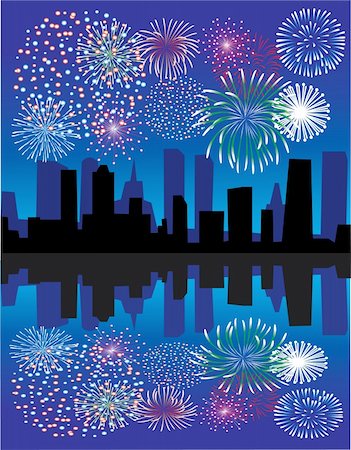 simsearch:400-05263557,k - vector fireworks over city with reflection Stock Photo - Budget Royalty-Free & Subscription, Code: 400-05273805