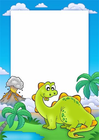 prehistoric cartoon trees - Frame with cute dinosaur - color illustration. Stock Photo - Budget Royalty-Free & Subscription, Code: 400-05286018