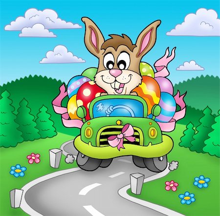 painted happy flowers - Easter bunny driving car on road - color illustration. Stock Photo - Budget Royalty-Free & Subscription, Code: 400-05286010