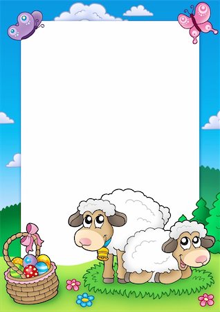 painted happy flowers - Easter frame with cute sheep - color illustration. Stock Photo - Budget Royalty-Free & Subscription, Code: 400-05286011