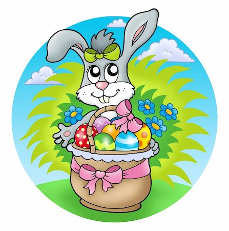 painted happy flowers - Easter rabbit with decorated eggs - color illustration. Stock Photo - Budget Royalty-Free & Subscription, Code: 400-05286012