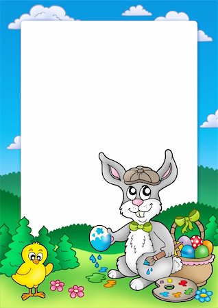 simsearch:400-07306161,k - Frame with bunny artist and chicken - color illustration. Foto de stock - Super Valor sin royalties y Suscripción, Código: 400-05286013
