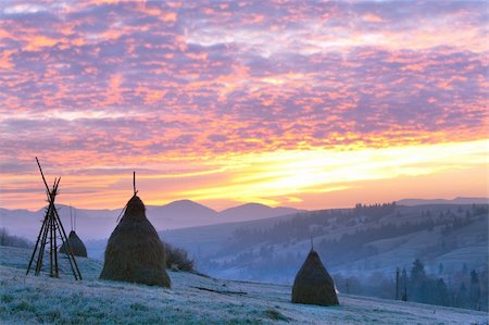 simsearch:400-05736885,k - first autumn frosts on pasture with haystacks and majestic sunrise in the mountains village Foto de stock - Super Valor sin royalties y Suscripción, Código: 400-05287322