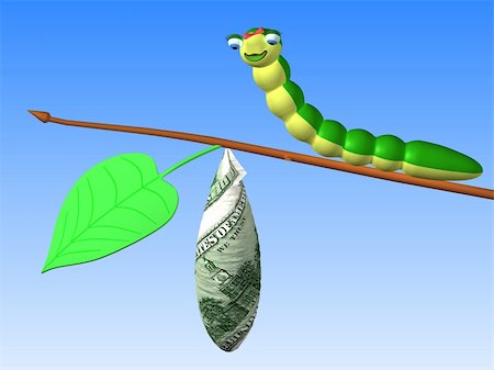 The three-dimensional cartoon image of a caterpillar sitting on twig with a cocoon Stock Photo - Budget Royalty-Free & Subscription, Code: 400-05287996