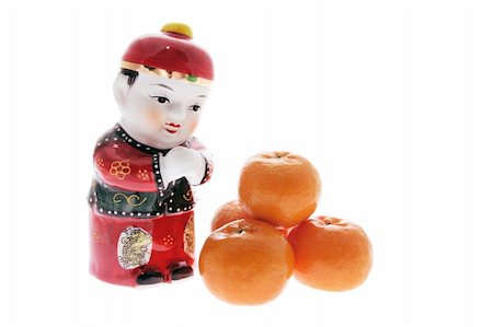 simsearch:400-04775746,k - Chinese Figurine and Mandarins on Isolated White Background Stock Photo - Budget Royalty-Free & Subscription, Code: 400-05289021
