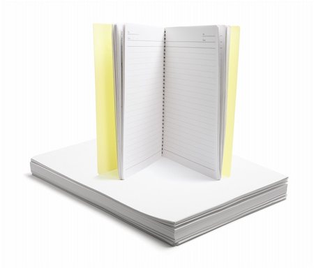 simsearch:400-05289536,k - Notebook on Stack of Papers on White Background Stock Photo - Budget Royalty-Free & Subscription, Code: 400-05289416