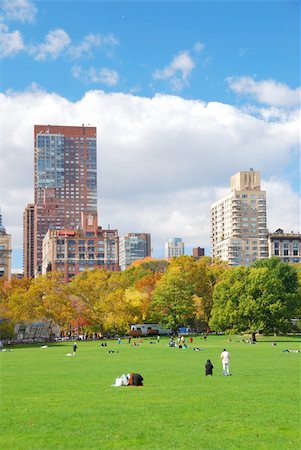 simsearch:400-08813469,k - New York City Manhattan skyline panorama viewed from Central Park with cloud and blue sky and people in lawn. Stock Photo - Budget Royalty-Free & Subscription, Code: 400-05280581