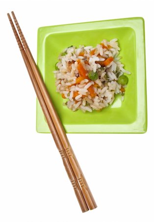 simsearch:400-04281267,k - Snack of Chicken Fried Rice on a Green Plate with Chopsticks Isolated on White with a Clipping Path. Stock Photo - Budget Royalty-Free & Subscription, Code: 400-05280713