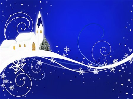 simsearch:400-09142612,k - Background illustraion representing a house and a church with snowflakes and abstract curves Stockbilder - Microstock & Abonnement, Bildnummer: 400-05281649