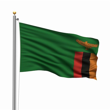 simsearch:622-03446418,k - Flag of Zambia with flag pole waving in the wind over white background Stock Photo - Budget Royalty-Free & Subscription, Code: 400-05281700