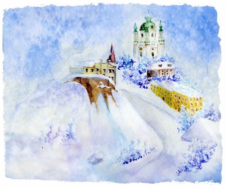 simsearch:400-05106636,k - The Saint Andrew's Church, Kiev, Ukraine. It is drawn a watercolor Stockbilder - Microstock & Abonnement, Bildnummer: 400-05282043