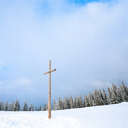 simsearch:400-04820244,k - winter snowy fir trees on mountainside on overcast sky background and wooden cross in front (Carpathians, Ukraine; photo in square proportions) Photographie de stock - Aubaine LD & Abonnement, Code: 400-05283223