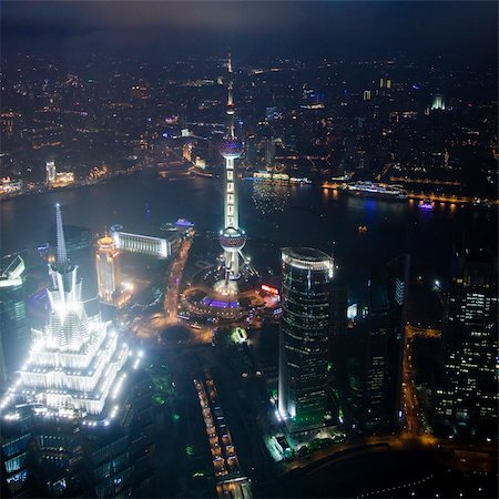 river eye - Bird's eye view of Shanghai Pudong at night Fotografie stock - Microstock e Abbonamento, Codice: 400-05283312