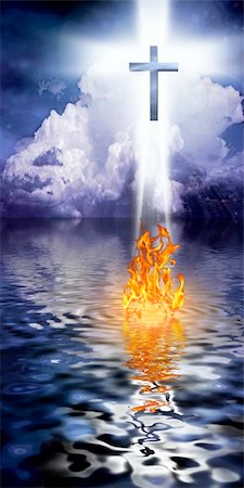Cross Hangs in Sky over Water with Fire Burning on Waters Surface Stock Photo - Budget Royalty-Free & Subscription, Code: 400-05283377
