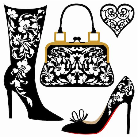 female silhouette for fashion design - Silhouettes of women shoes and bag with ornaments, collection of fashion and lifestyle objects. Stock Photo - Budget Royalty-Free & Subscription, Code: 400-05294470