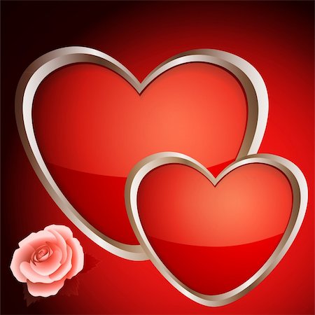 Two hearts of red color and rose on a red background Stock Photo - Budget Royalty-Free & Subscription, Code: 400-05295076