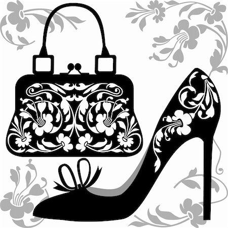 simsearch:400-04160265,k - Black silhouettes of women shoe and bag with ornaments, on white background. Stock Photo - Budget Royalty-Free & Subscription, Code: 400-05295142