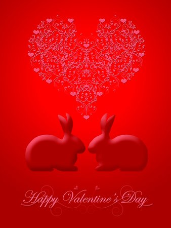 simsearch:400-05295204,k - Happy Valentines Day Bunny Rabbit with Pink Hearts and Scrolls Illustration Red Background Stock Photo - Budget Royalty-Free & Subscription, Code: 400-05295161