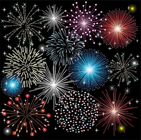 firework backdrop - vector illustration of  fireworks on black background Photographie de stock - Aubaine LD & Abonnement, Code: 400-05295229